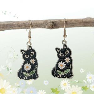 Enamel Black Cat Shaped Earrings Daisies Flowers Dangle